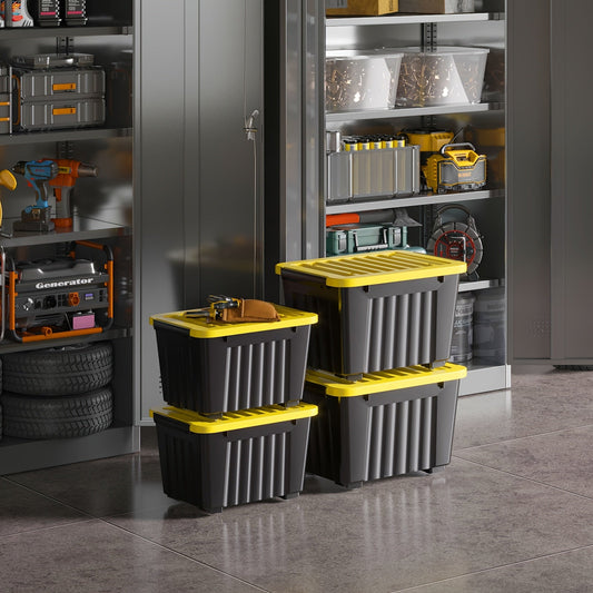 Stackable heavy duty storage boxes with wheels and lids, 72 and 97 quart