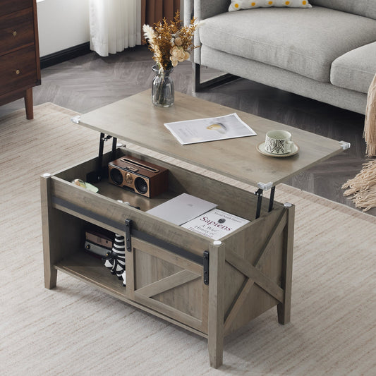 Lift top coffee table with the top raised, showing hidden storage