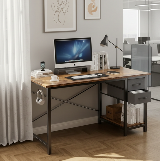 Computer desk with fabric storage drawers, available in 40 and 47 inch widths