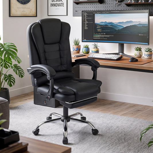 Massage office chair with a reclining backrest and pull-out footrest