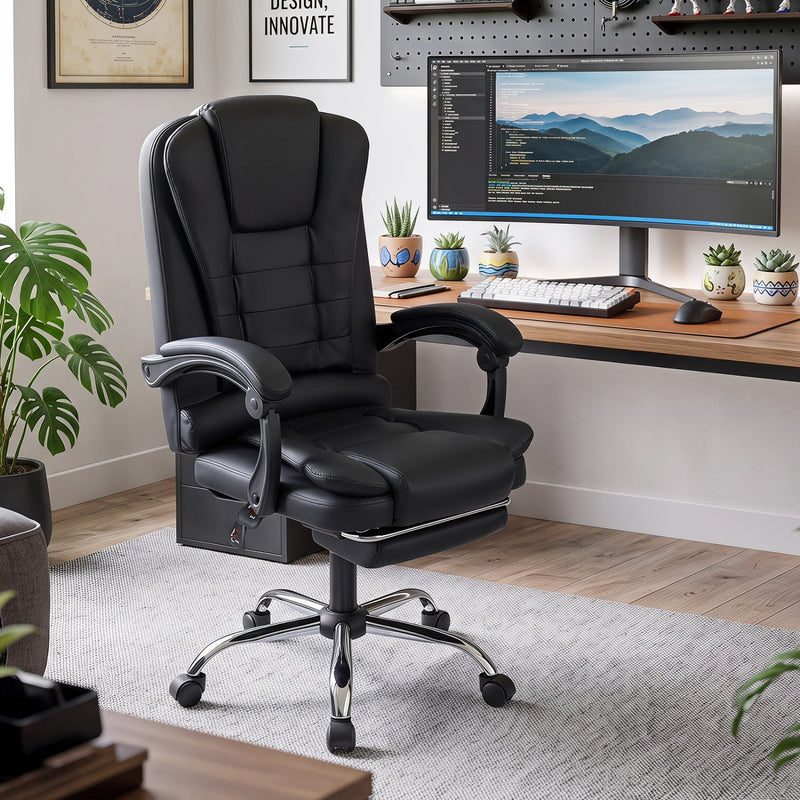 Massage office chair with a reclining backrest and pull-out footrest