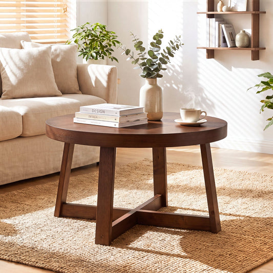 Round 30 inch coffee table on solid wood legs