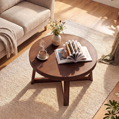 Round Coffee Table 30 Inch with Solid Wood Legs