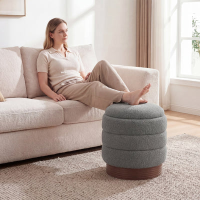 Round Storage Ottoman with Acacia Wood Frame for Living Room