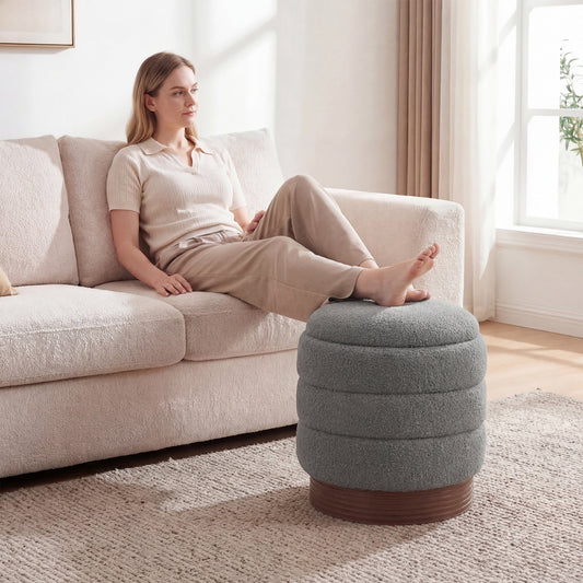 Round Storage Ottoman with Acacia Wood Frame for Living Room