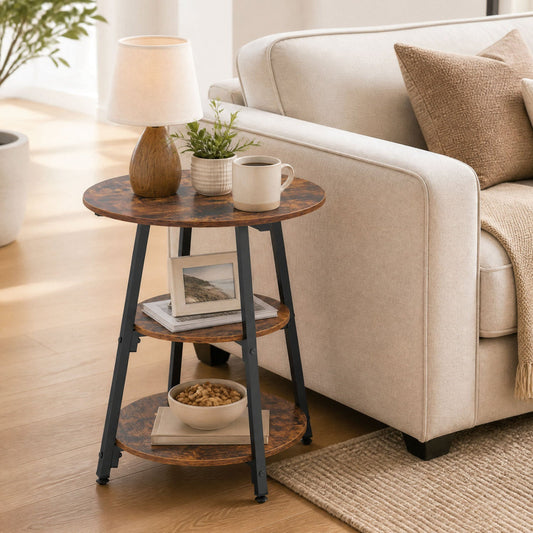 Industrial side table with three open shelves on a black metal frame