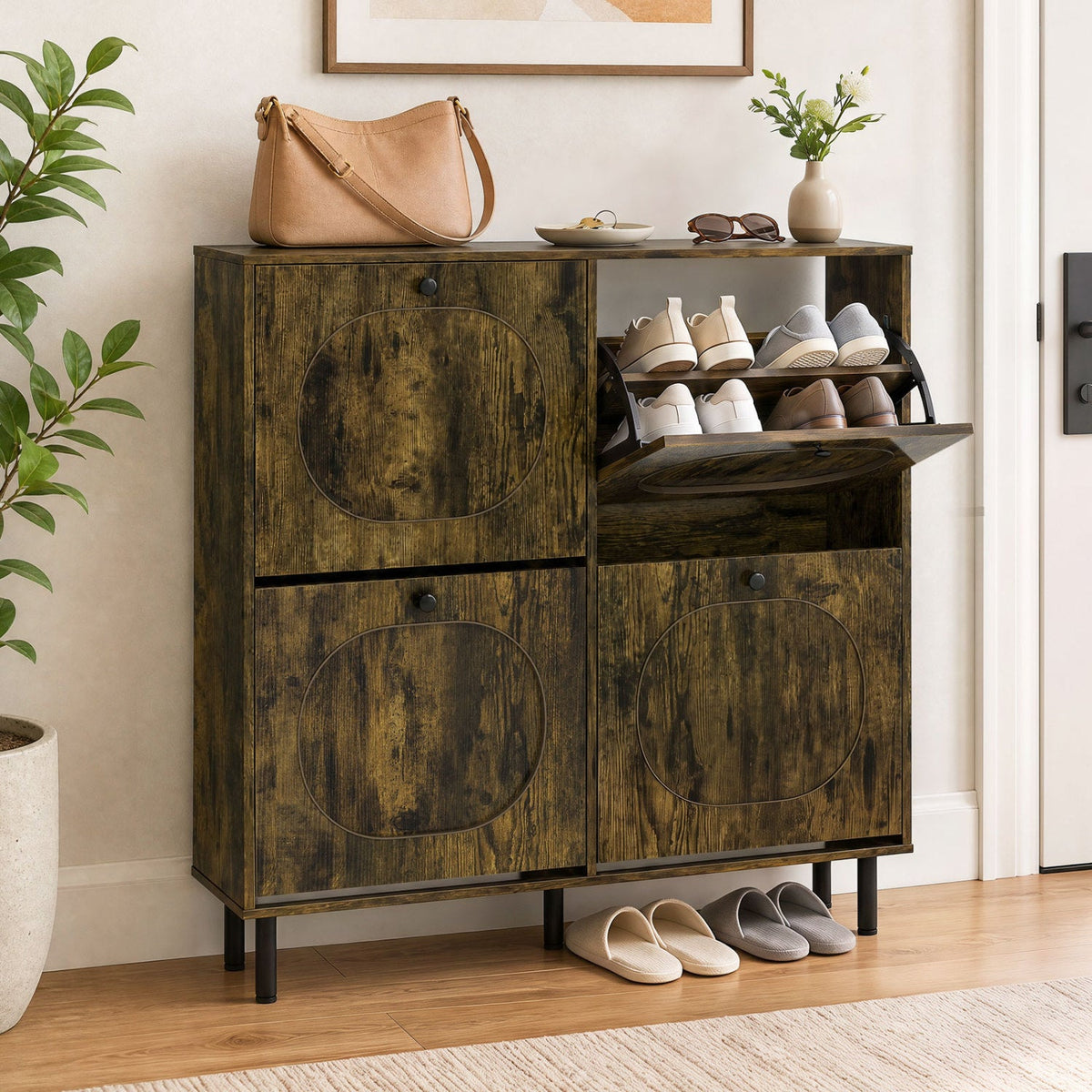 Shoe Storage Cabinet with 4 Flip Drawers - Rustic Brown