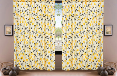 DaDa Bedding Set of 2 Botanical Floral Window Curtain Panels - Natural Semi Sheer Yellow Fleur Golden Orange Spring Time Tulips Straight Tailored Edge