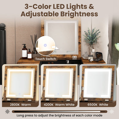 Vanity Table Set with Flip Top Mirror Lights USB Writing Desk and Stool-Brown