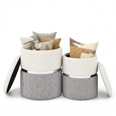 Velvet/Linen Fabric Storage Ottoman Set of 2