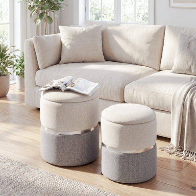 Velvet/Linen Fabric Storage Ottoman Set of 2