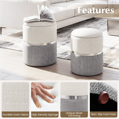 Velvet/Linen Fabric Storage Ottoman Set of 2