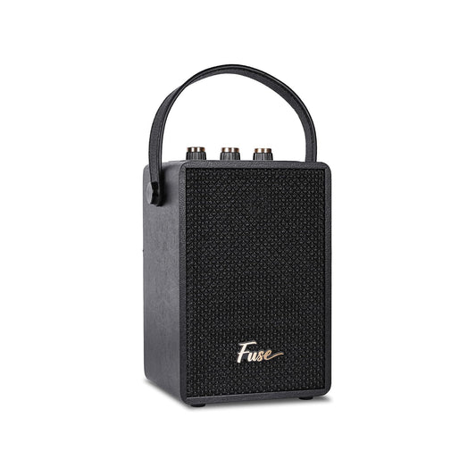 Fuse Andle speaker in black, front view showing the woven grille and leather handle