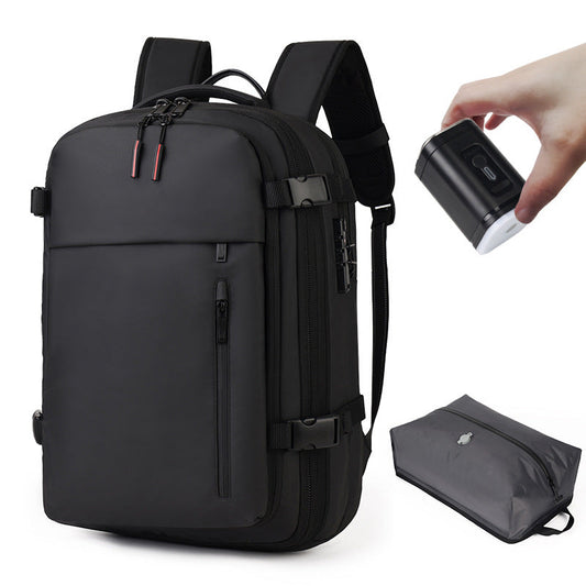 Vacuum-sealed travel backpack in black with compression compartment