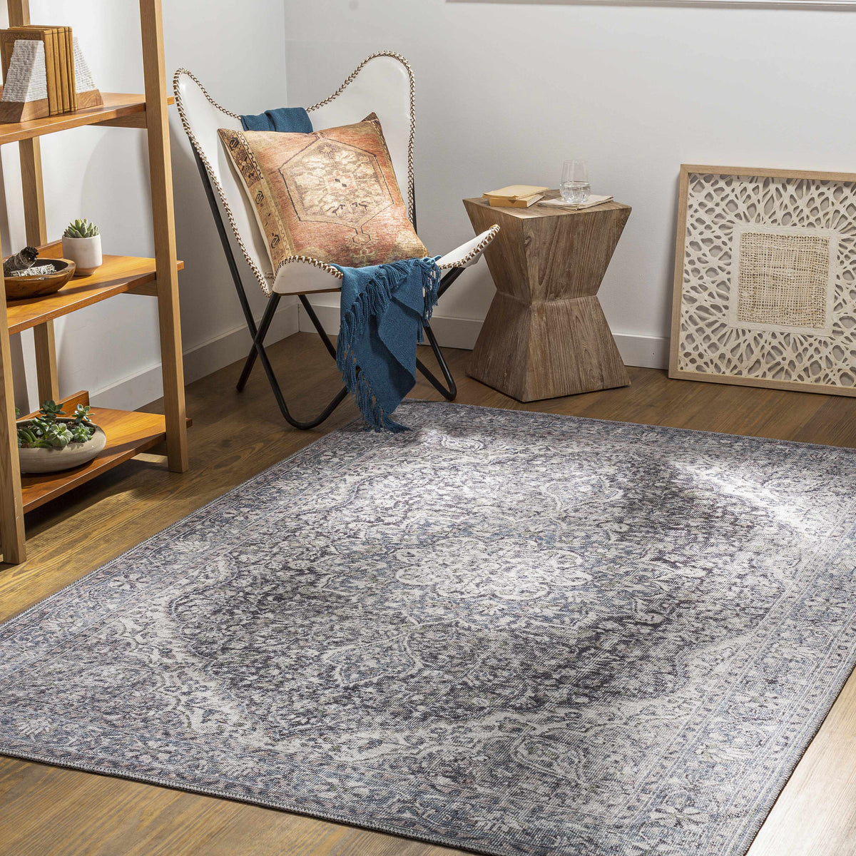 Tavas Blue Medallion Washable Rug