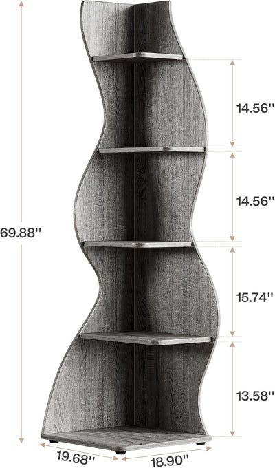 69.8" Height 5-Tier Wavy Corner Bookshelf