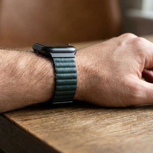 Vegan leather magnetic watch strap worn on a wrist