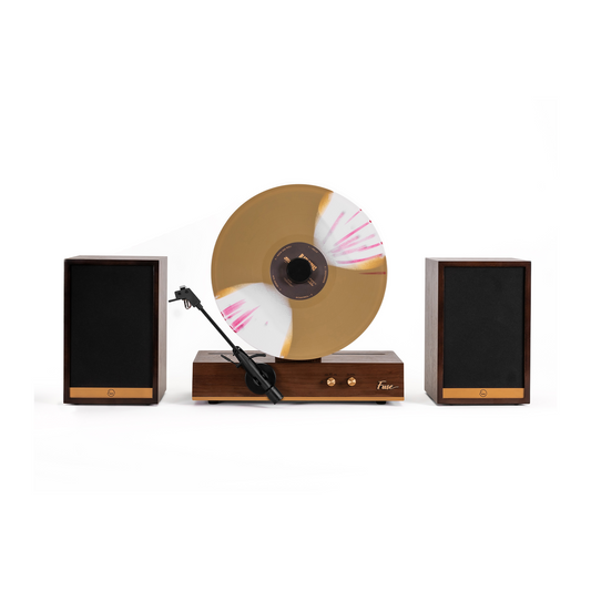 Fuse Audio GLD vertical vinyl record player in gold and ashtree wood