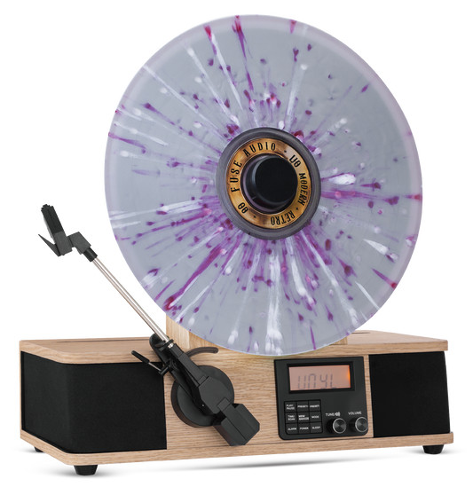 Fuse Wrap vertical vinyl record player with fabric front panel