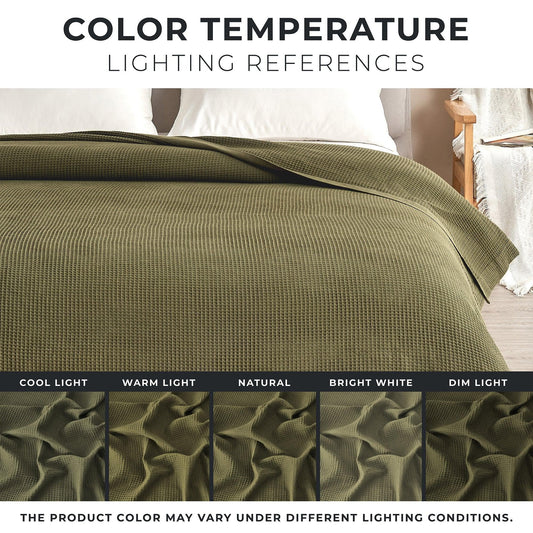 Waffle weave cotton blanket draped over a bed