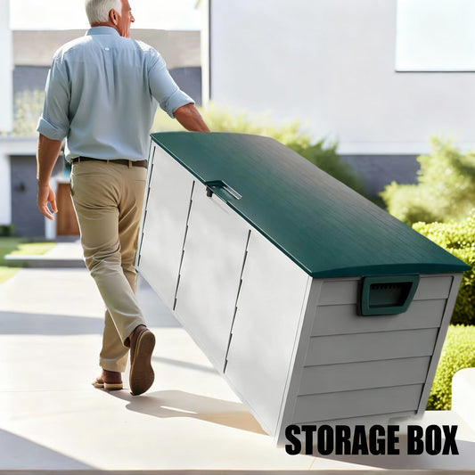 Outdoor deck box with the lid open showing storage capacity