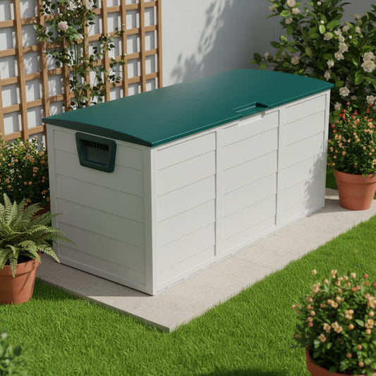 75 gallon waterproof outdoor deck box with a hinged lockable lid