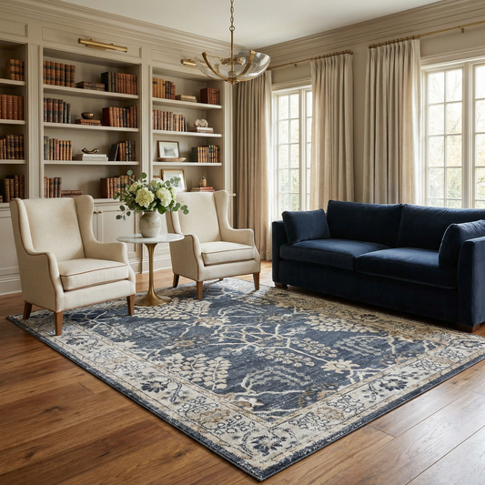 Living room with navy sofa, beige armchairs, and a patterned rug.