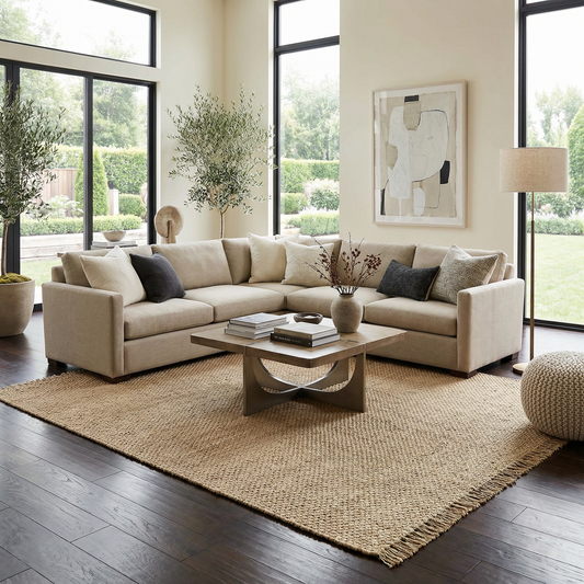 Large natural jute rug with fringed edges under a wooden coffee table in a bright living room with a cream sectional