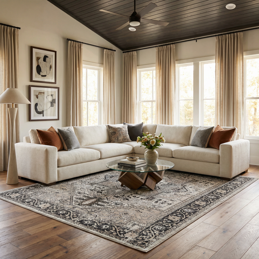 Living room with a beige sectional sofa, coffee table, and decorative elements.